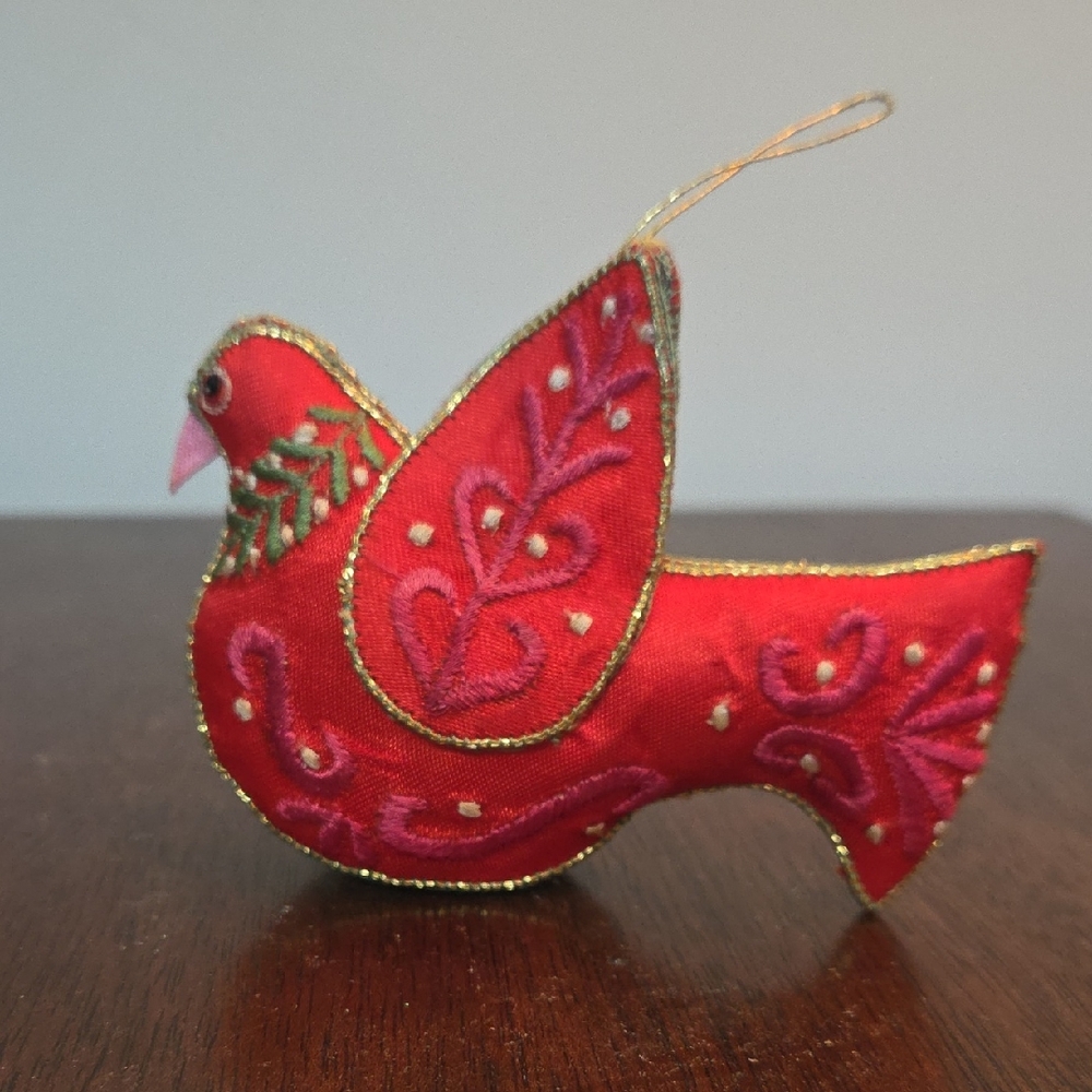 50% Off All Christmas!! Red Silk Embroidered Bird Ornament